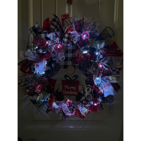 Handmade Merry Christmas Gnome Holiday Ribbon Door Wreath 22 ins W45 - Picture 10 of 12